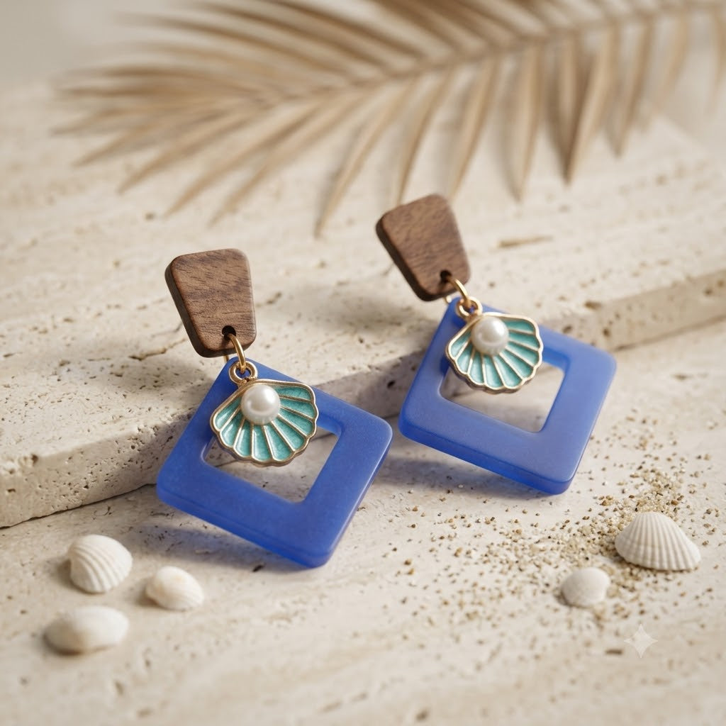 Océan Azur | Boucles d'oreilles bohèmes bleu cobalt en résine et bois