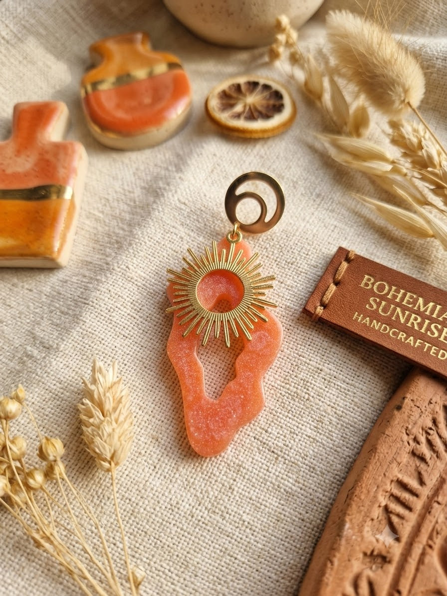 Boucles d'oreilles bohèmes pendantes corail nacré | Soleil Corail Éclat Nomade