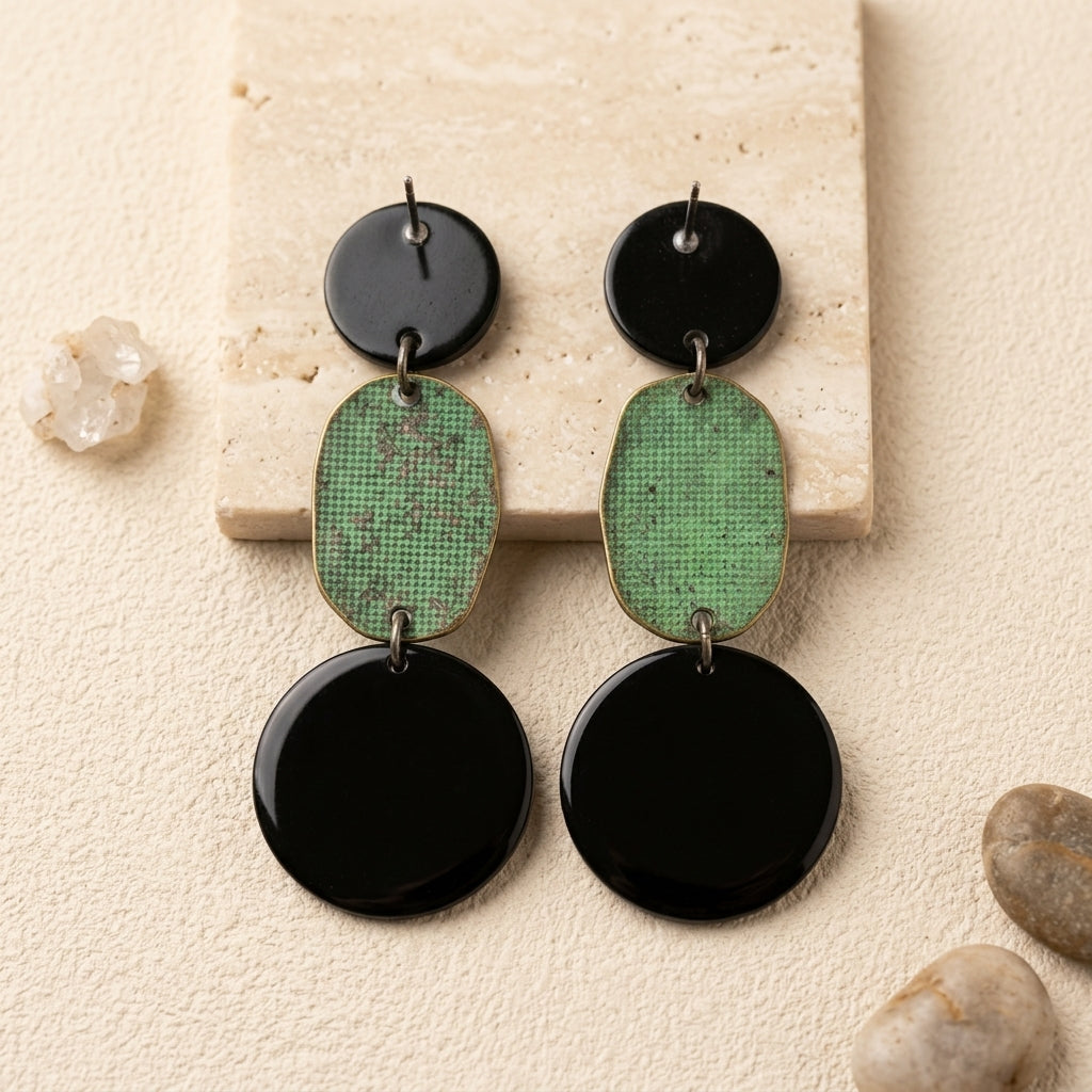 Boucles d’oreilles bohèmes Deux Âmes – Noir & vert-de-gris