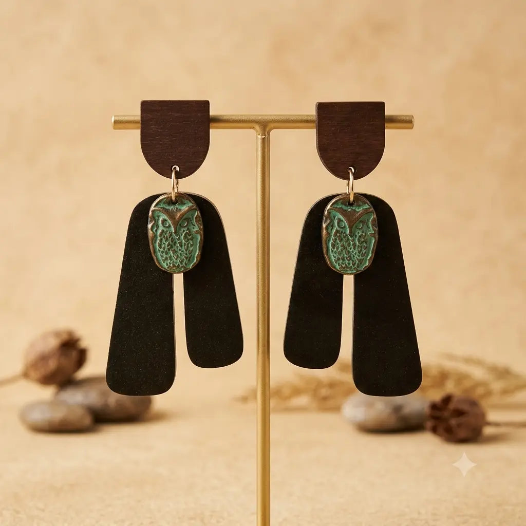 Boucles d’oreilles bohèmes Hibou Vert – Résine & alliage de zinc Lozen-k