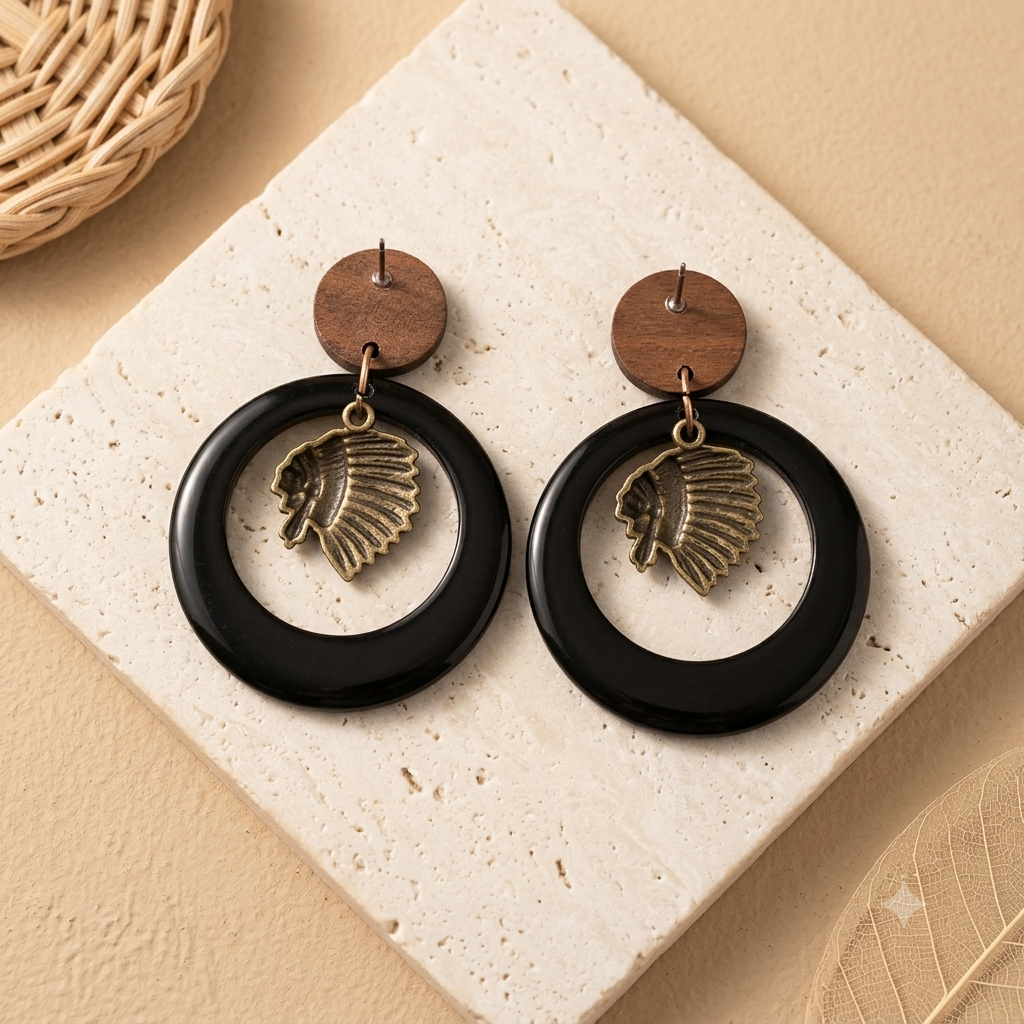 Boucles d’oreilles bohèmes noires en résine et bois – Esprit Nomade