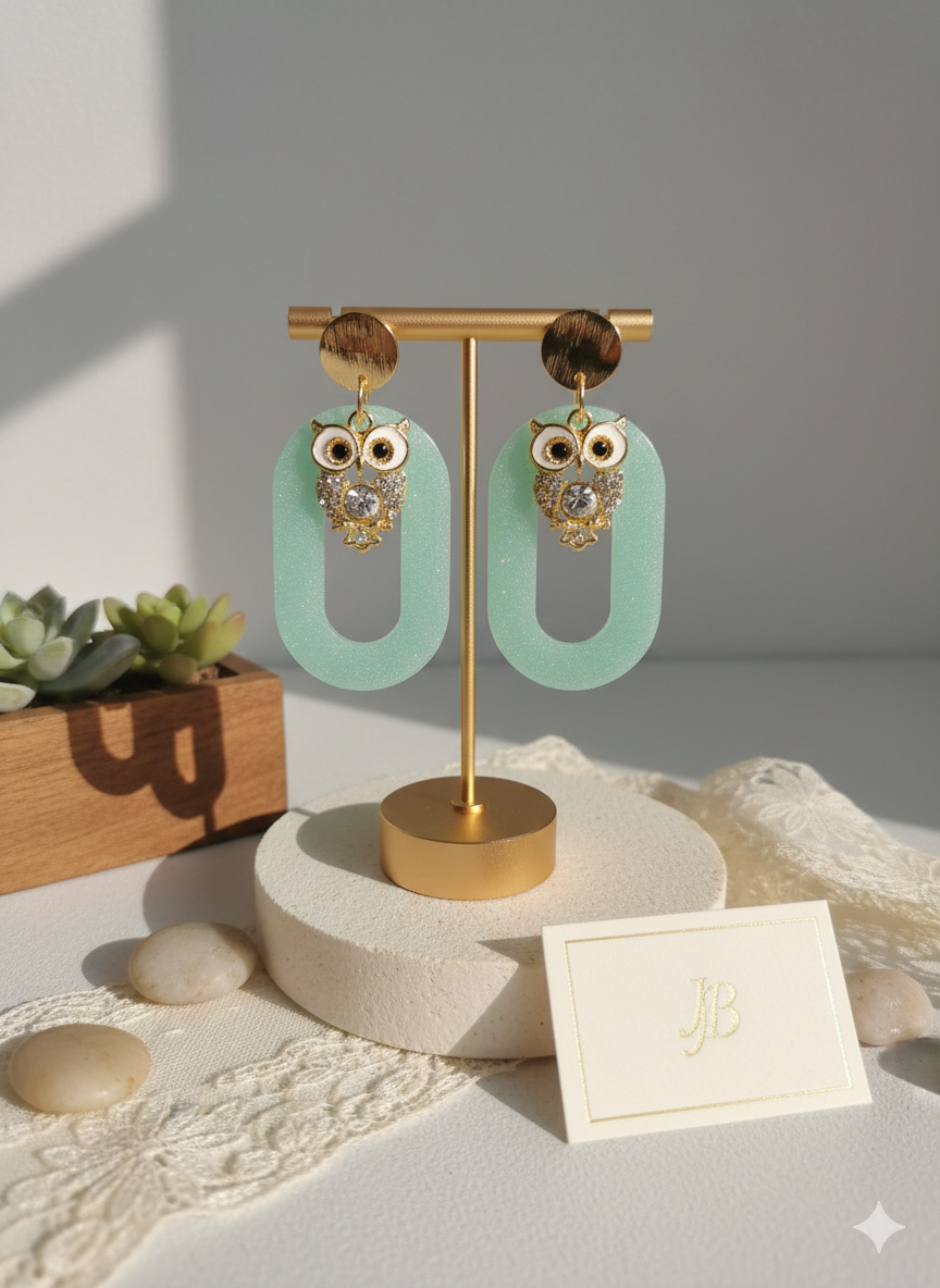 Boucles d'Oreilles Hibou Jade Doré