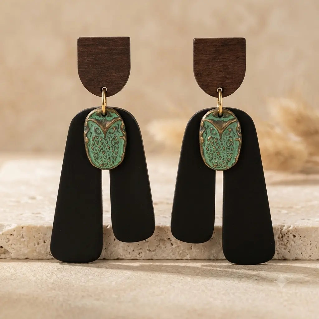 Boucles d’oreilles bohèmes Hibou Vert – Résine & alliage de zinc Lozen-k
