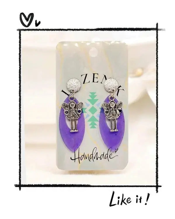 Boucles d’oreilles féeriques en résine violette & fée argentée Lozen-k
