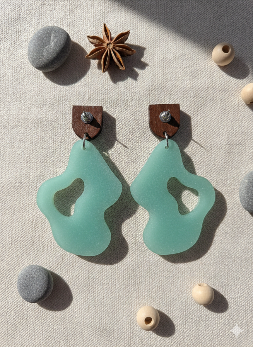 Lagune Sculptée – Boucles d’oreilles en résine vert jade & bois
