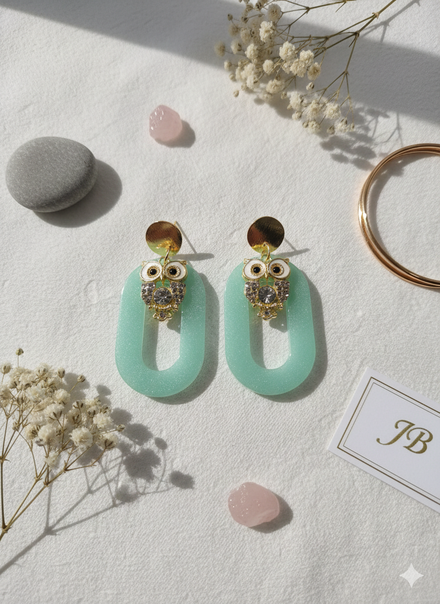 Boucles d'Oreilles Hibou Jade Doré