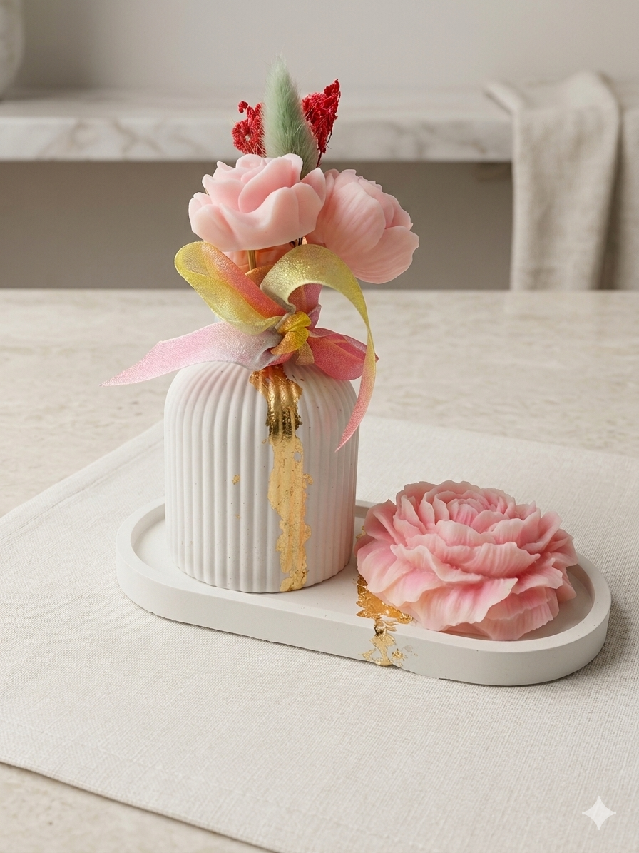 Bougie parfumée Tendresse Florale – Vase décoratif, bouquet en cire & bougie pivoine Lozen-k