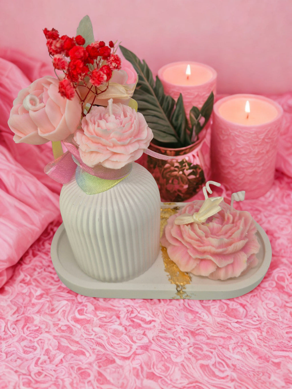 Bougie parfumée Tendresse Florale – Vase décoratif, bouquet en cire & bougie pivoine Lozen-k