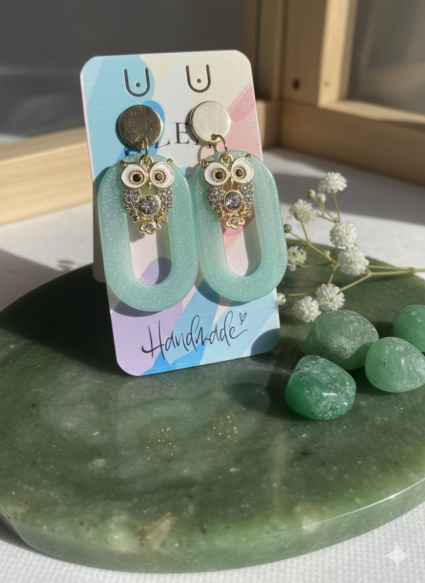 Boucles d'Oreilles Hibou Jade Doré