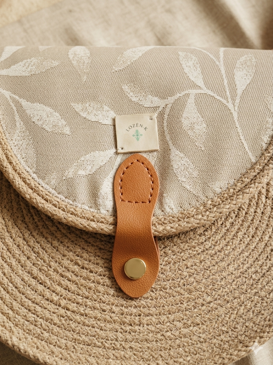Sac en corde beige bohème – Sac bandoulière fait main avec rabat jacquard feuilles Lozen-k