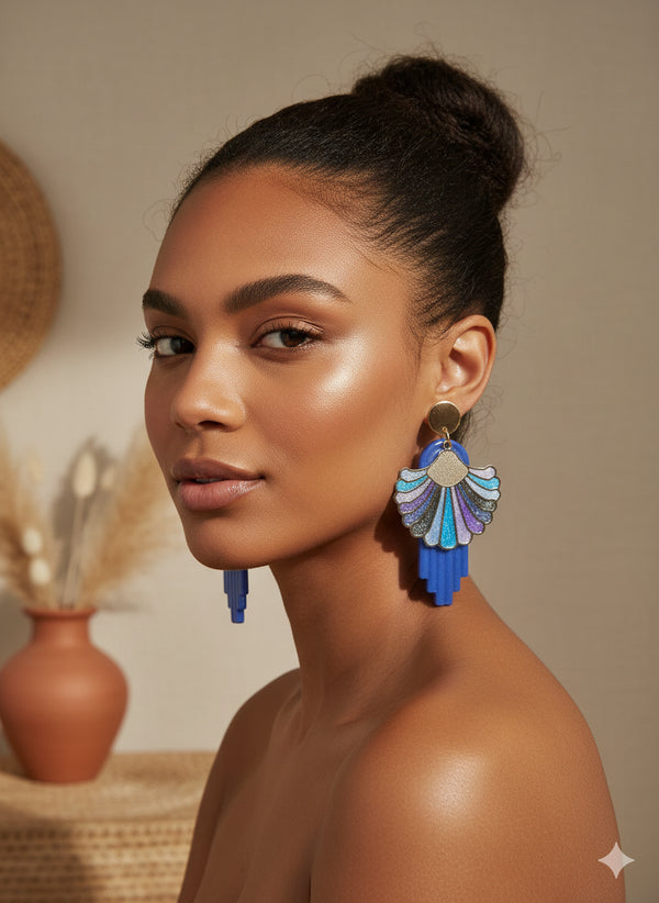 Éventail Azur – Boucles d’oreilles en résine bleue