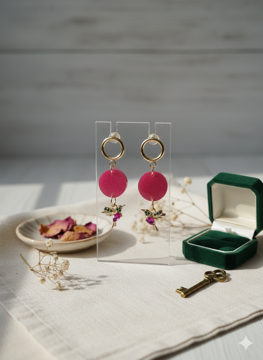 Boucles d’oreilles pendantes "Colibri Rose"