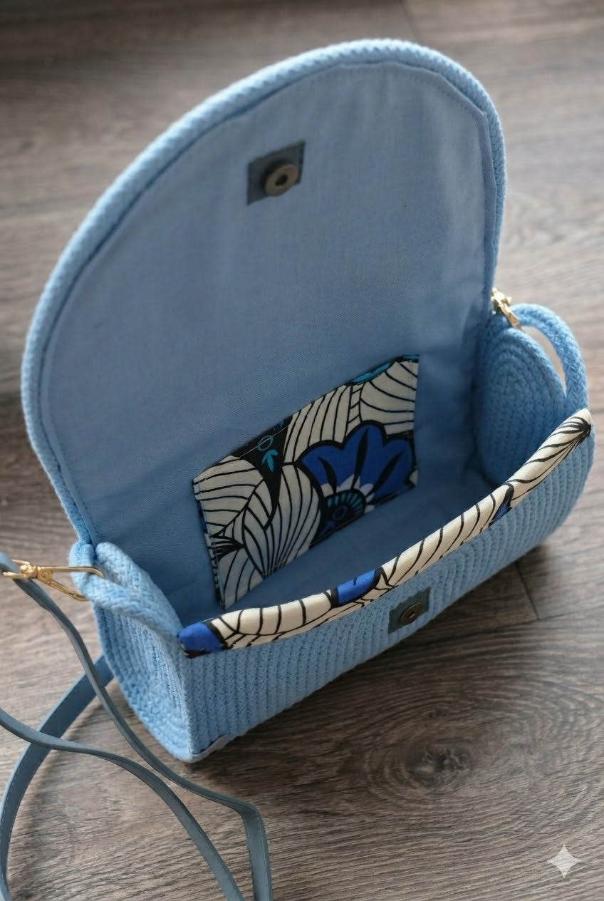 Sac Bandoulière en Corde Bleu Ciel & Rabat Wax Fleuri – Sac Bohème Chic Lozen-k