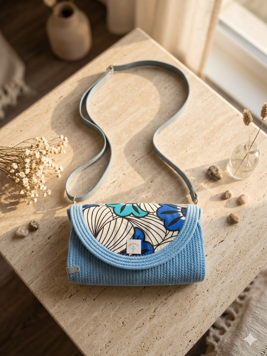 Sac Bandoulière en Corde Bleu Ciel & Rabat Wax Fleuri – Sac Bohème Chic Lozen-k