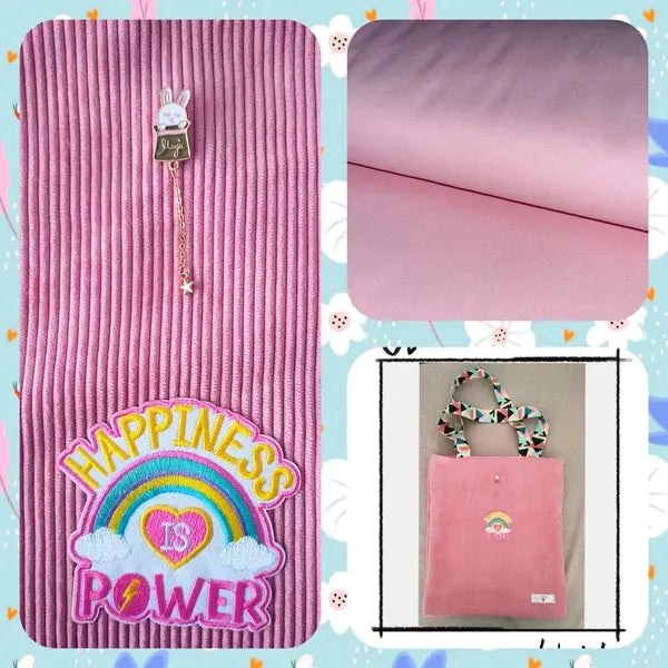 Tote Bag doublé velours côtelé rose clair sticker Happiness Lozen-k