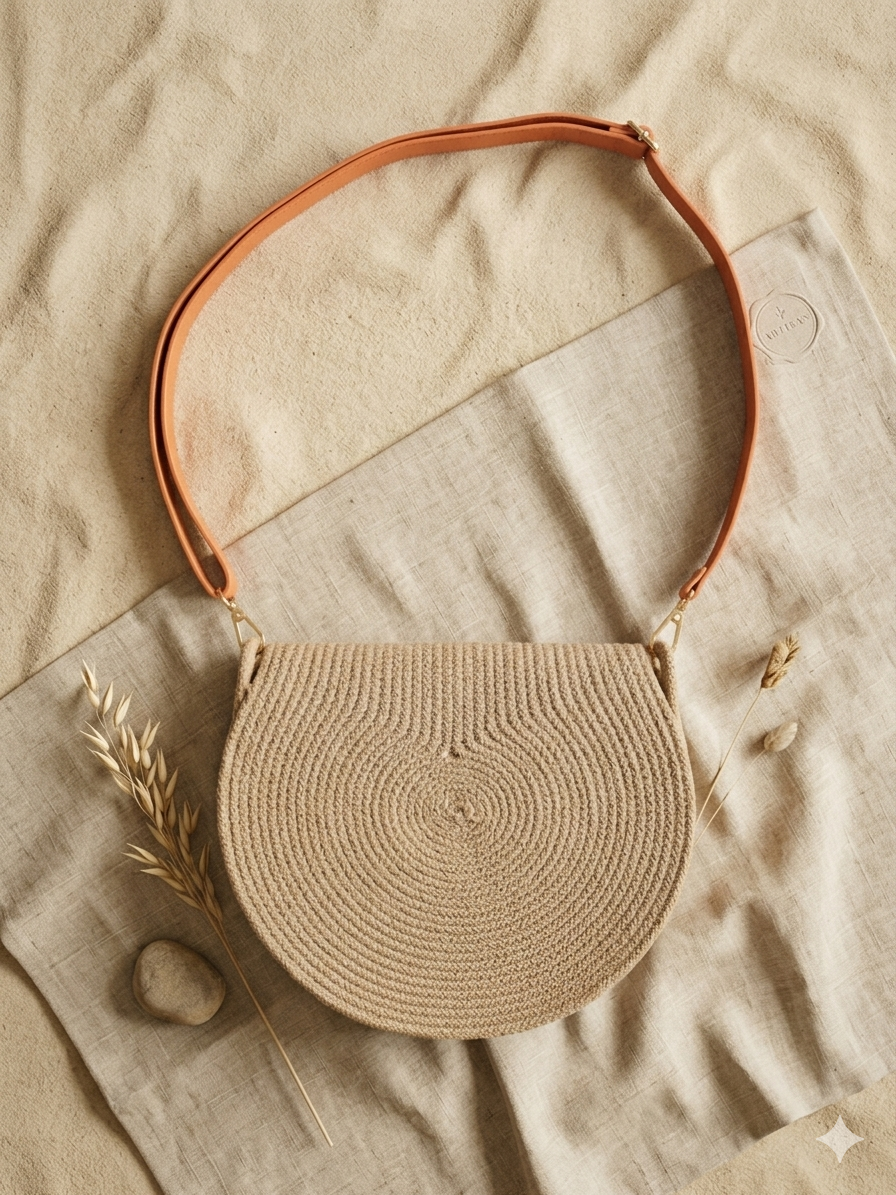 Sac en corde beige bohème – Sac bandoulière fait main avec rabat jacquard feuilles Lozen-k