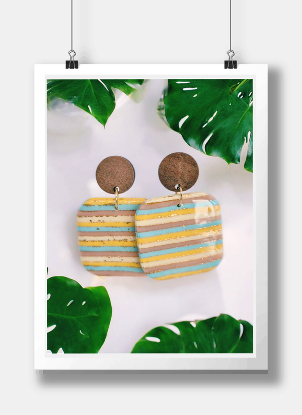 " Rayonnantes " – Boucles d’oreilles carrées pastels en bois et polymère