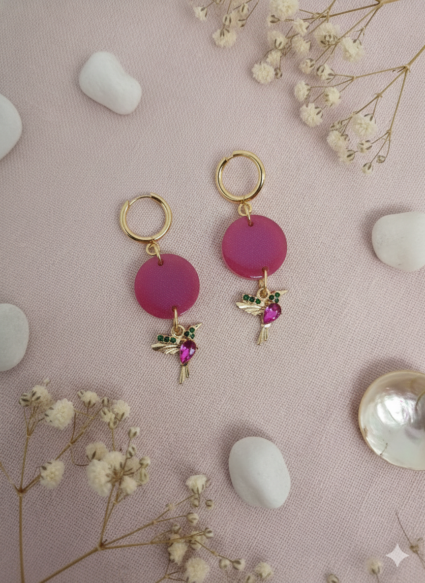 Boucles d’oreilles pendantes "Colibri Rose"