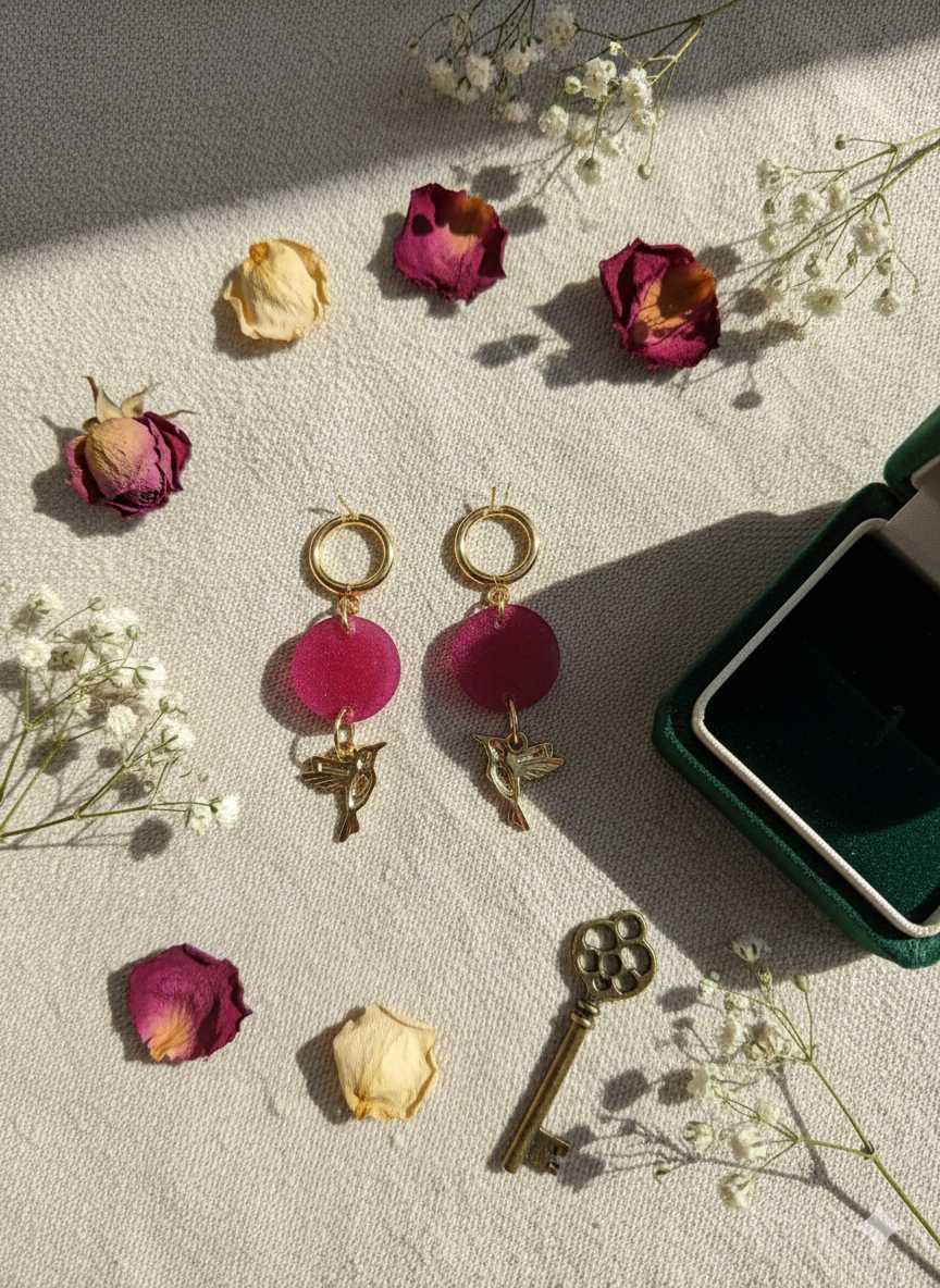 Boucles d’oreilles pendantes "Colibri Rose"