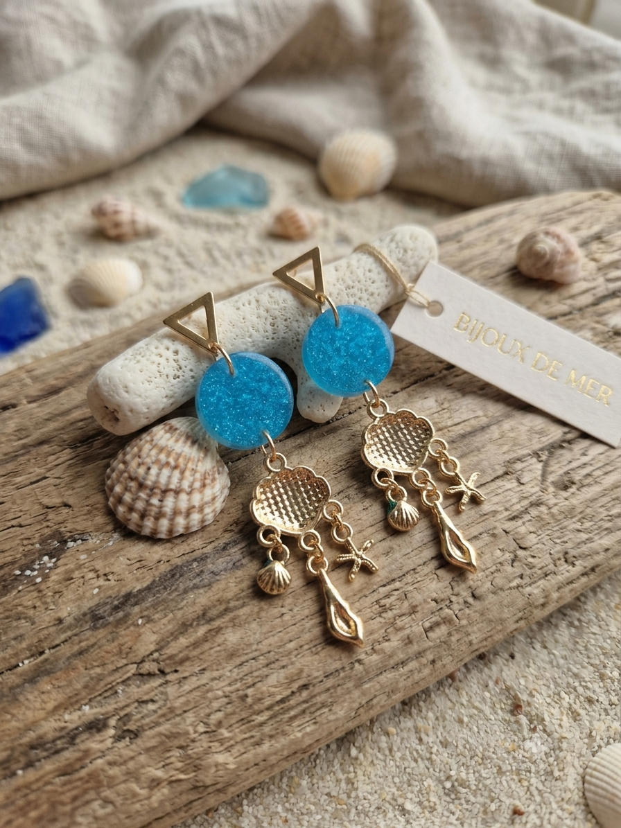 Boucles d'oreilles bohèmes bleu lagon nacré | Trésor des Lagons