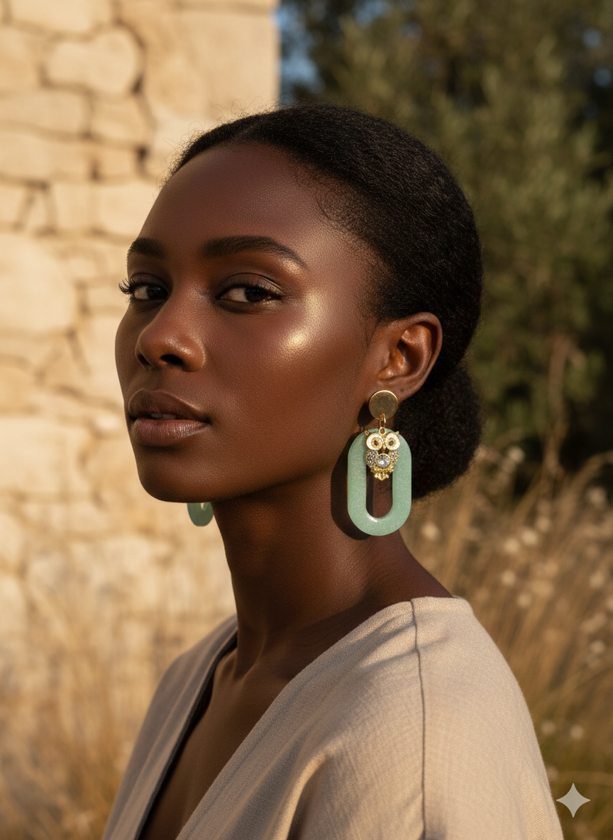 Boucles d'Oreilles Hibou Jade Doré