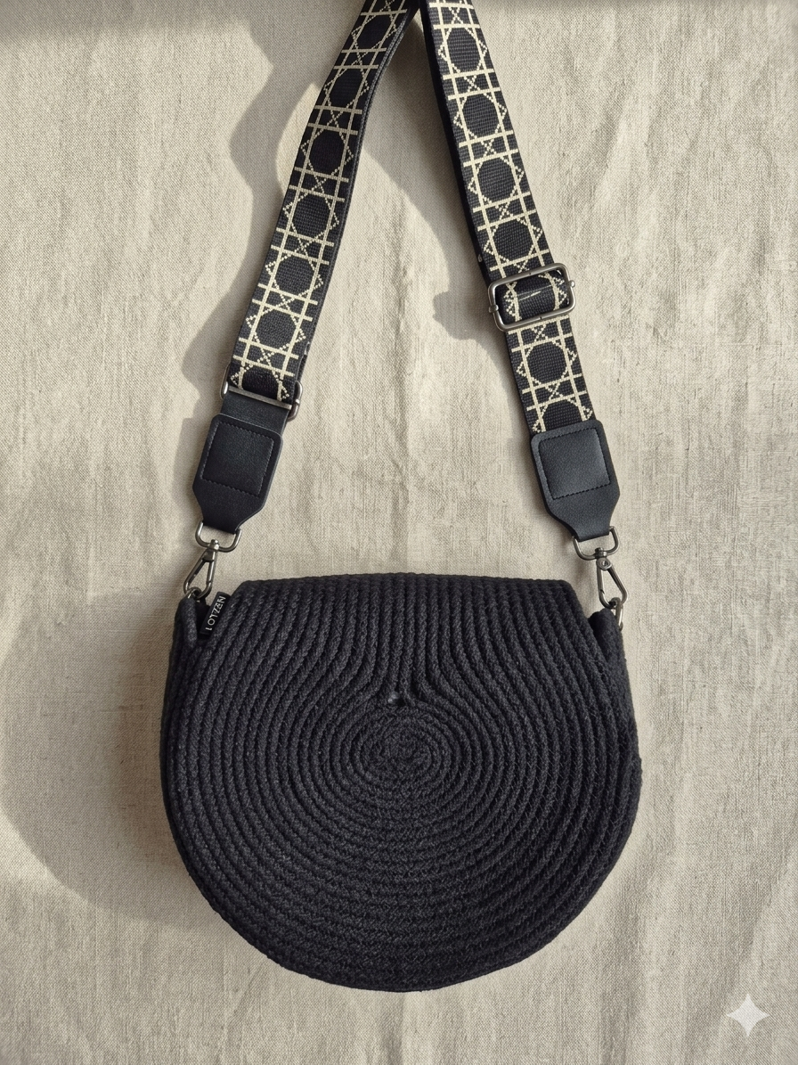 Sac en corde noire bohème – Sac bandoulière rond | Collection Éphémère Lozen-k