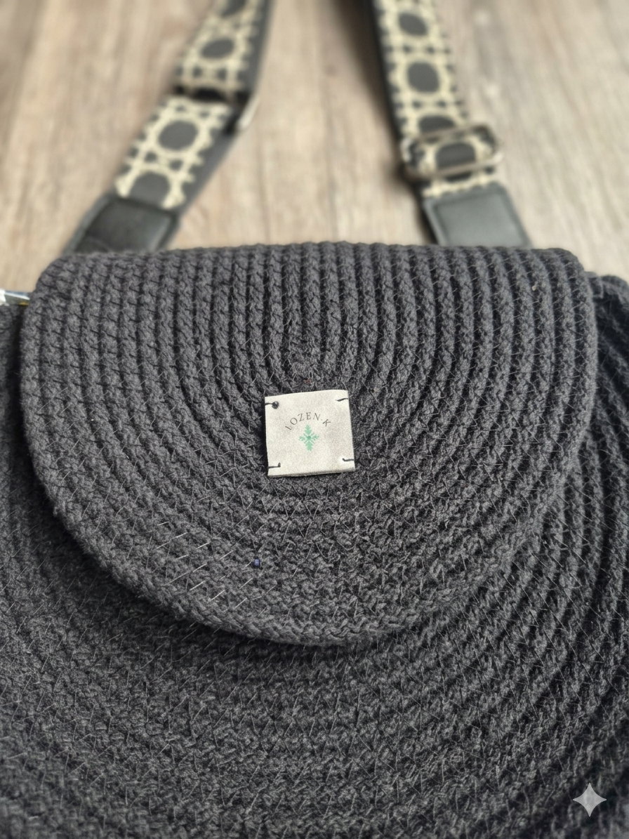 Sac en corde noire bohème – Sac bandoulière rond | Collection Éphémère Lozen-k