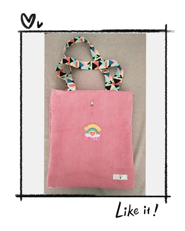 Tote Bag doublé velours côtelé rose clair sticker Happiness Lozen-k