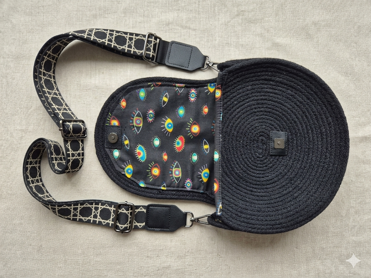 Sac en corde noire bohème – Sac bandoulière rond | Collection Éphémère Lozen-k