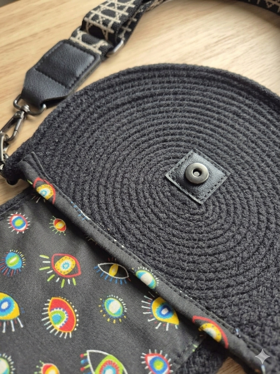 Sac en corde noire bohème – Sac bandoulière rond | Collection Éphémère Lozen-k