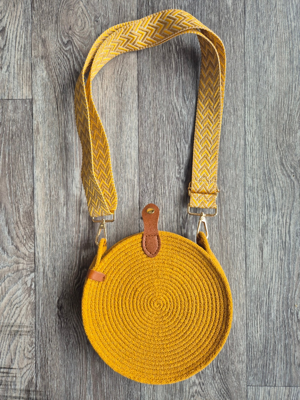 Sac Rond Bohème « Soleil Nomade » – Sac en corde moutarde Lozen-k