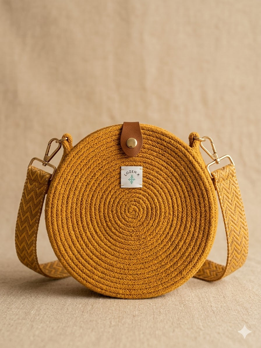 Sac Rond Bohème « Soleil Nomade » – Sac en corde moutarde Lozen-k